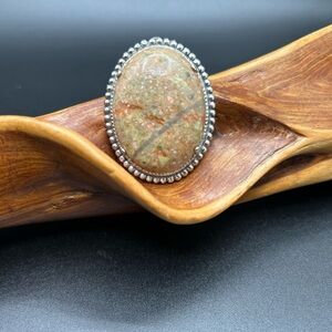 Vintage Brooch Sesame Jasper Silver Colored Boho Stone Green Tan